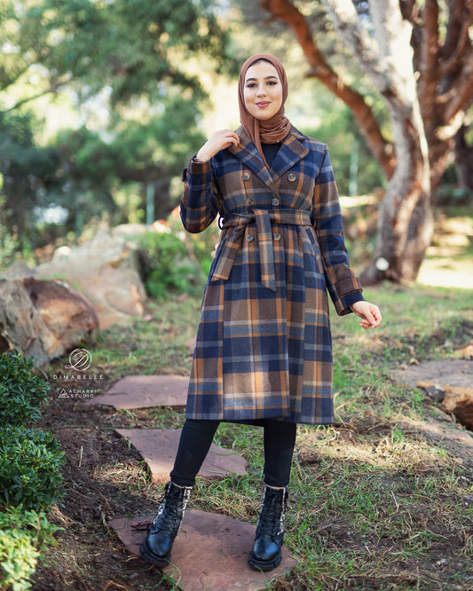 Manteau à carreaux Camel Bleu