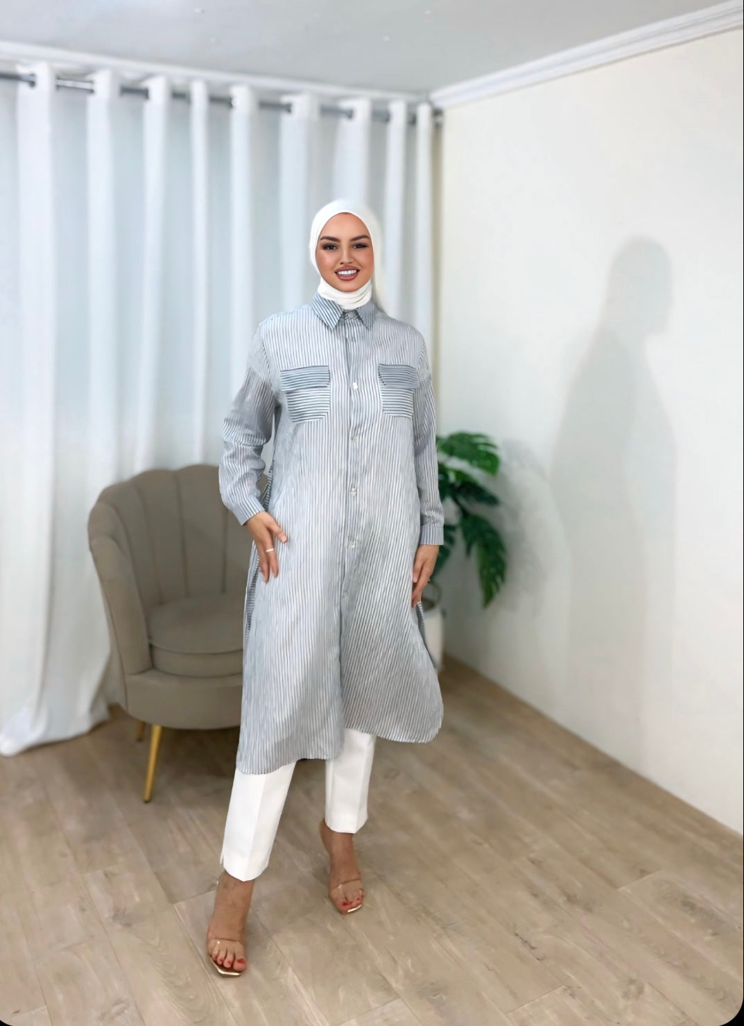 Chemise-robe rayé blanc et gris