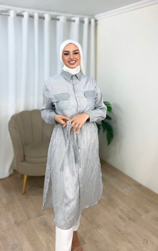 Chemise-robe rayé blanc et gris