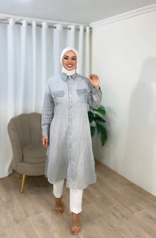 Chemise-robe rayé blanc et gris