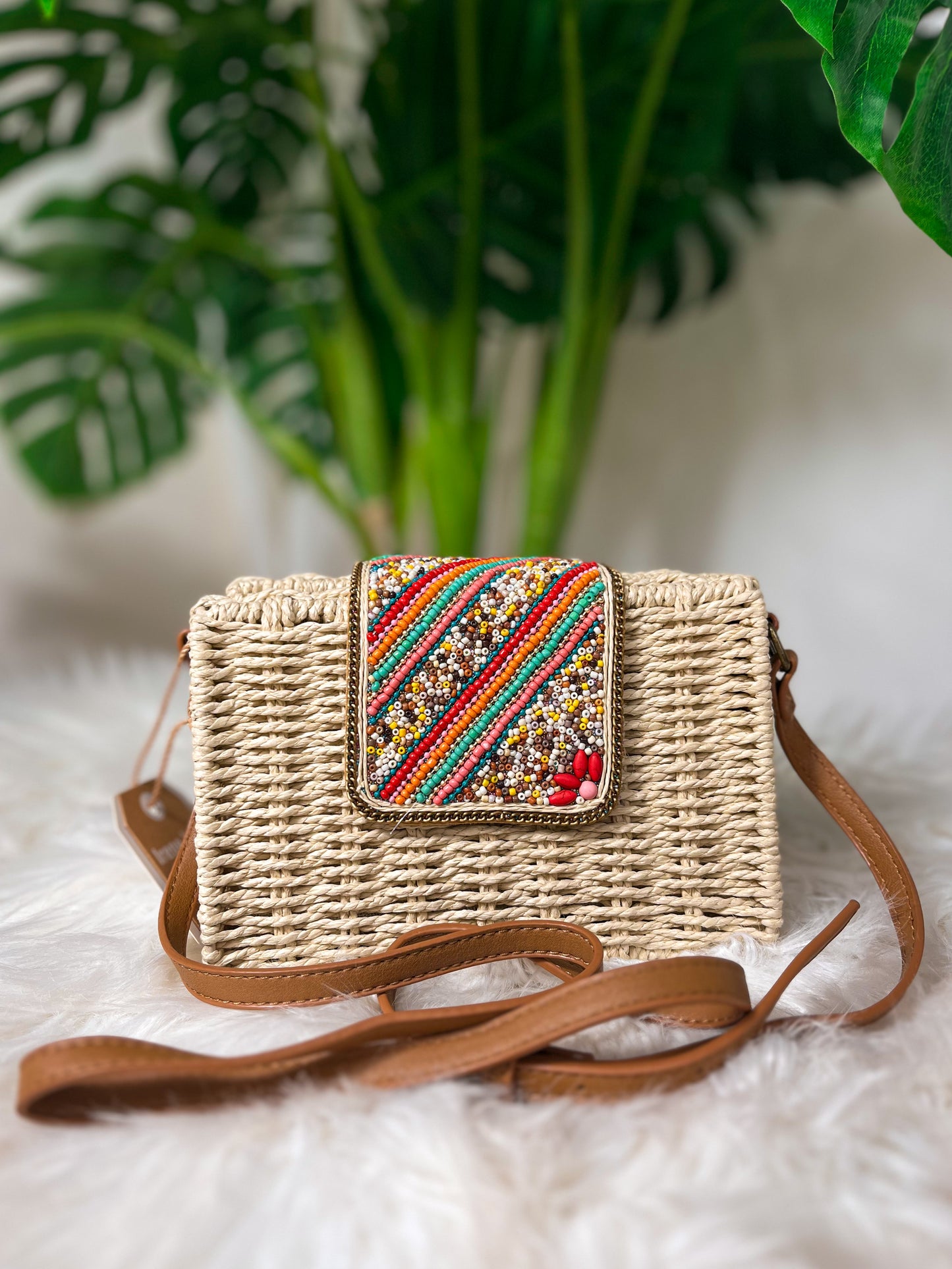 Sac à main en paille tissé perlé - irène bag- carré