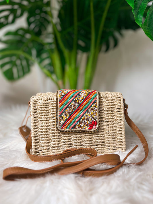 Sac à main en paille tissé perlé - irène bag- carré