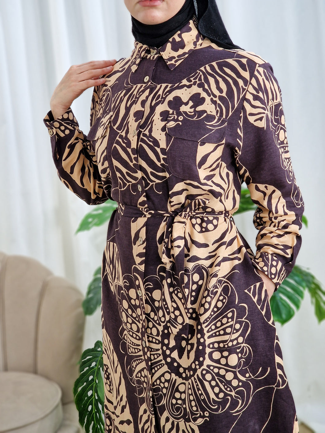 Chemise-robe en lin Marron