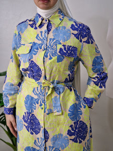 Chemise-robe en Lin imprimé bleu