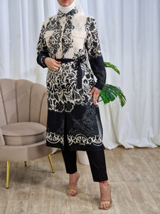 Chemise-robe en lin noir gris et beige