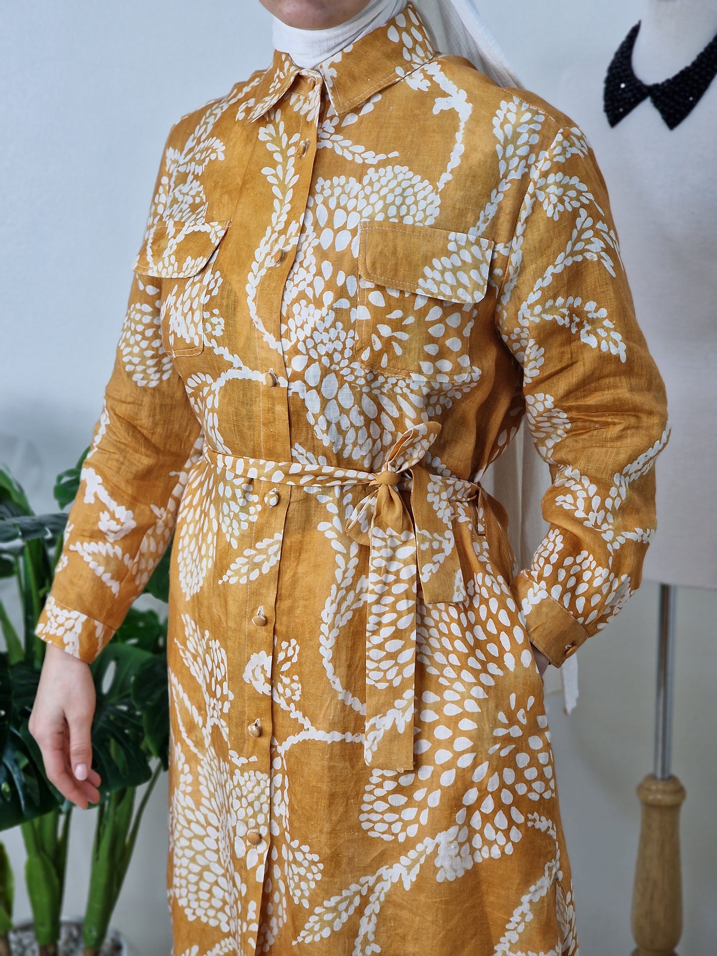 Chemise-robe en Lin moutard