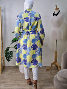 Chemise-robe en Lin imprimé bleu