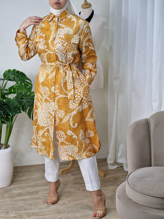 Chemise-robe en Lin moutard