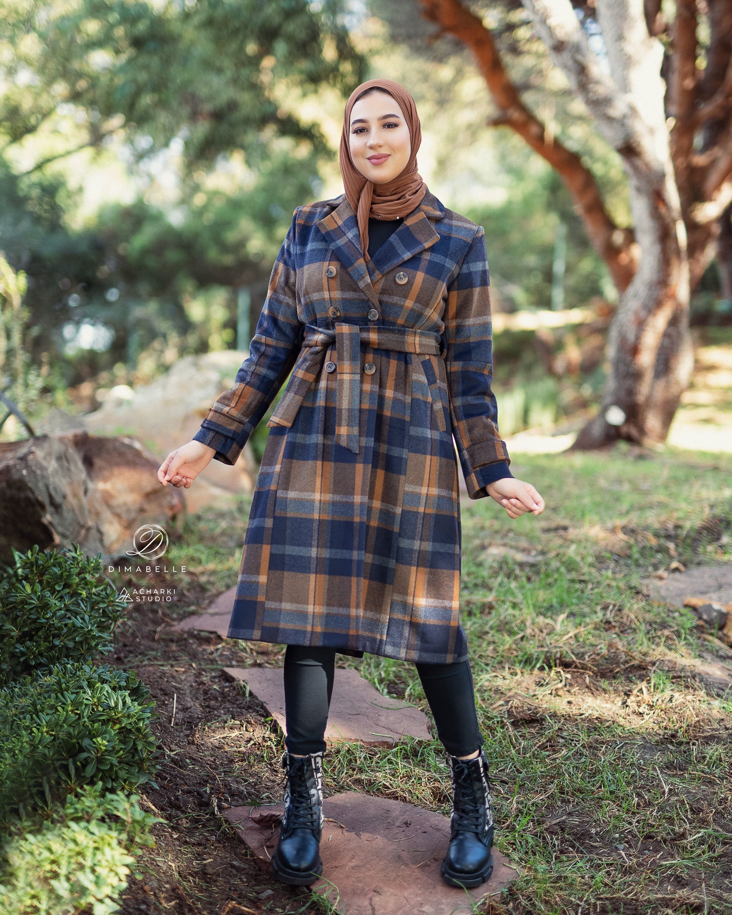 Manteau à carreaux Camel Bleu